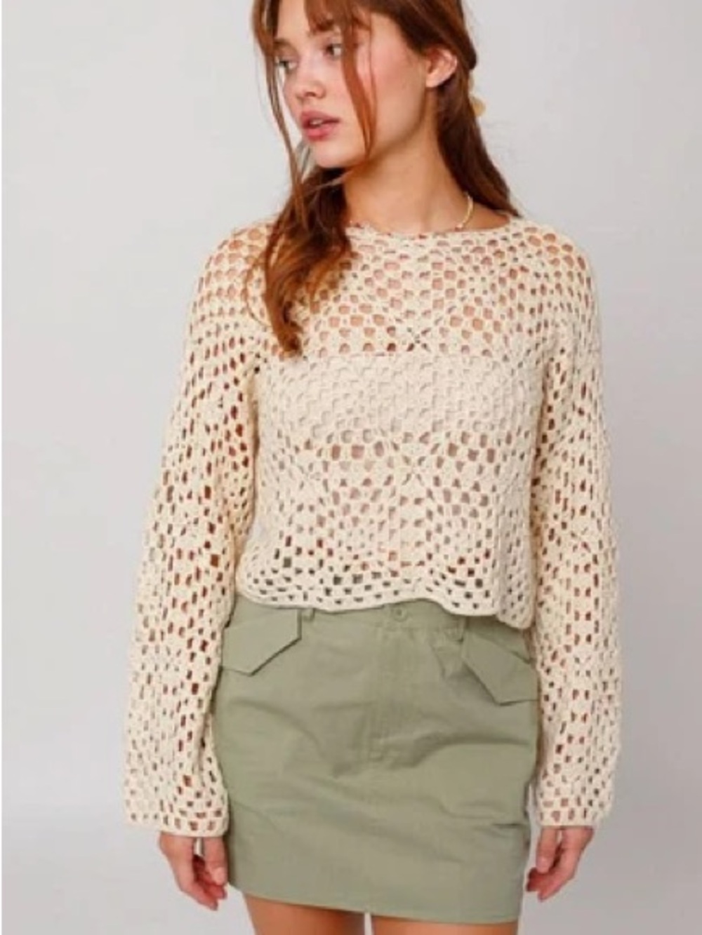 Le Lis Cream Crochet Knit Women's Sweater Top